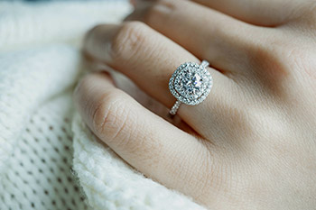 Close-up of a diamond ring on a hand, representing jewelry evaluation